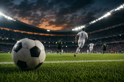 Estadio iluminado con balón listo para una gran noche futbolística. Estadio iluminado con balón listo para una gran noche futbolística.